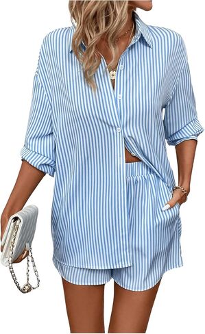 Verdusa Women's 2 Piece Outfit Button Long Sleeve Striped Shirt and Shorts Sets in Saudi Arabia
