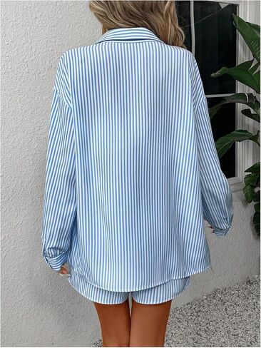 Verdusa Women's 2 Piece Outfit Button Long Sleeve Striped Shirt and Shorts Sets in Saudi Arabia