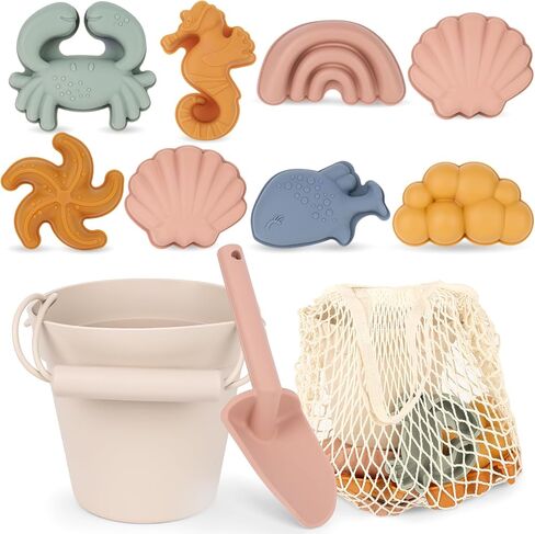 AMOR PRESENT 11PCS Silicone Beach Toy Set, Travel Friendly Silicone Sand Bucket Molds Shovel Bag Modern Beach Toys for Toddlers Kids in Saudi Arabia