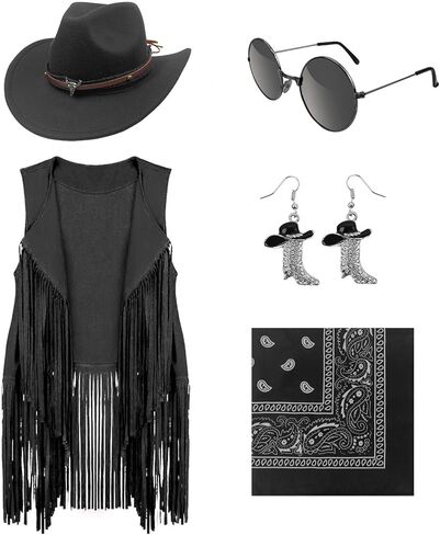 Cowgirl Outfits for Women Western Costume Accessories Cowboy Hat Tassels Fringe Vest Earring Hippie Glasses Bandana in Kuwait