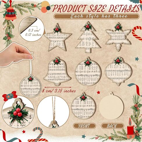 Spiareal 36 Pcs Vintage Christmas Music Note Ornament Treble Clef Music Wood Snowman Christmas Tree Ornament Music Wood DIY Craft Cutouts Gift Tags with Rope for Holiday Party Decoration(Classic) in Kuwait