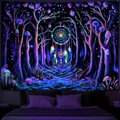 Galoker Blacklight Fantasy Forest نسيج النيون الفطر نسيج الأشعة فوق البنفسجية التفاعلية Dreamcatcher نسيج الجدار غالاكسي الفضاء نسيج الجدار شنقا لديكور المنزل (H51.2 × W59.1 بوصة) in Kuwait