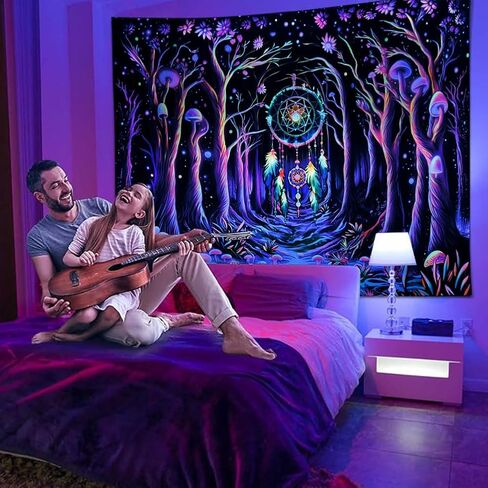 Galoker Blacklight Fantasy Forest نسيج النيون الفطر نسيج الأشعة فوق البنفسجية التفاعلية Dreamcatcher نسيج الجدار غالاكسي الفضاء نسيج الجدار شنقا لديكور المنزل (H51.2 × W59.1 بوصة) in Kuwait
