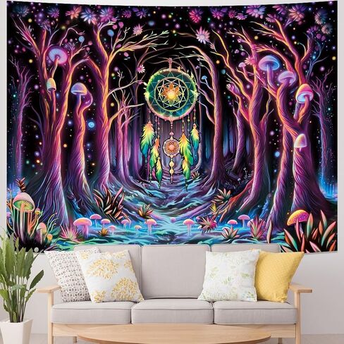 Galoker Blacklight Fantasy Forest نسيج النيون الفطر نسيج الأشعة فوق البنفسجية التفاعلية Dreamcatcher نسيج الجدار غالاكسي الفضاء نسيج الجدار شنقا لديكور المنزل (H51.2 × W59.1 بوصة) in Kuwait