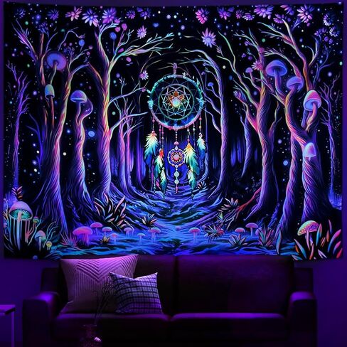 Galoker Blacklight Fantasy Forest نسيج النيون الفطر نسيج الأشعة فوق البنفسجية التفاعلية Dreamcatcher نسيج الجدار غالاكسي الفضاء نسيج الجدار شنقا لديكور المنزل (H51.2 × W59.1 بوصة) in Kuwait