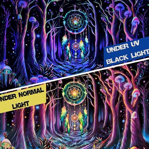 Galoker Blacklight Fantasy Forest نسيج النيون الفطر نسيج الأشعة فوق البنفسجية التفاعلية Dreamcatcher نسيج الجدار غالاكسي الفضاء نسيج الجدار شنقا لديكور المنزل (H51.2 × W59.1 بوصة) in Kuwait