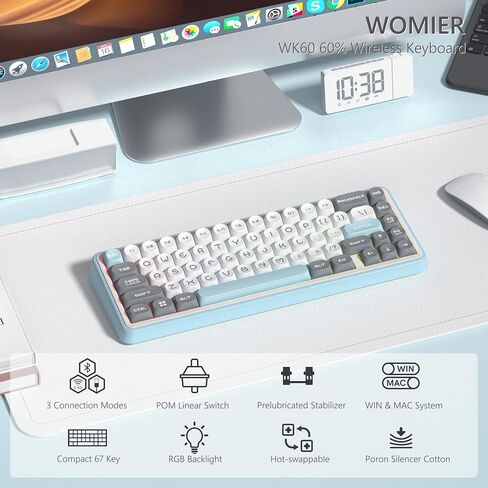 لوحة مفاتيح Womier WK60 60%، لوحة مفاتيح ميكانيكية لاسلكية للألعاب، حشية قابلة للتبديل السريع، إضاءة خلفية RGB للبلوتوث/2.4 جيجا هرتز/USB-C، أغطية مفاتيح MOA PBT، مفاتيح POM مسبقة التشحيم - أسود in Kuwait