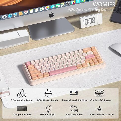 لوحة مفاتيح Womier WK60 60%، لوحة مفاتيح ميكانيكية لاسلكية للألعاب، حشية قابلة للتبديل السريع، إضاءة خلفية RGB للبلوتوث/2.4 جيجا هرتز/USB-C، أغطية مفاتيح MOA PBT، مفاتيح POM مسبقة التشحيم - أسود in Kuwait