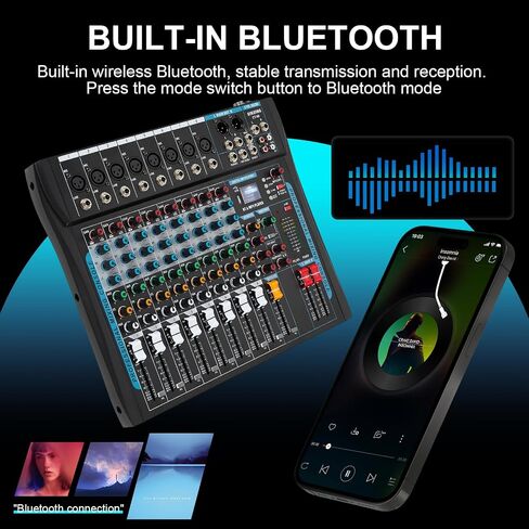 6 Channel Audio Mixer Professional Sound Board Console w/99 DSP Effects 48V Phantom Power Bluetooth USB Interface Stereo DJ Mixer Board for Karaoke Live Performance DJ Stage in Saudi Arabia