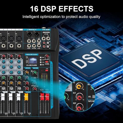 6 Channel Audio Mixer Professional Sound Board Console w/99 DSP Effects 48V Phantom Power Bluetooth USB Interface Stereo DJ Mixer Board for Karaoke Live Performance DJ Stage in Saudi Arabia