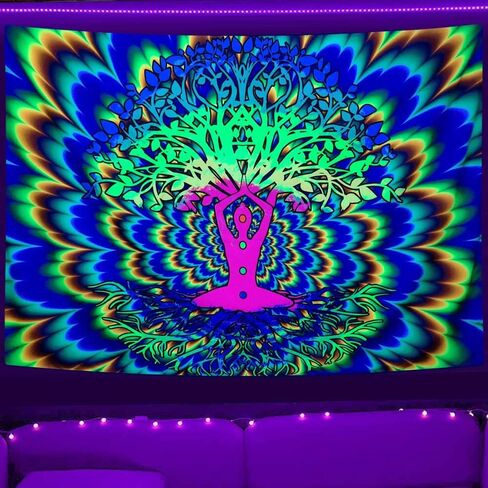 JAWO Blacklight Trippy Tree Tapestry، نسيج سريالي جمالي تفاعلي للأشعة فوق البنفسجية، يتوهج مخدر جمالي في الظلام خلفية الحفلة المفروشات ملصق ديكور الحائط 60 × 40 بوصة in Saudi Arabia