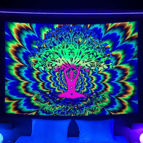 JAWO Blacklight Trippy Tree Tapestry، نسيج سريالي جمالي تفاعلي للأشعة فوق البنفسجية، يتوهج مخدر جمالي في الظلام خلفية الحفلة المفروشات ملصق ديكور الحائط 60 × 40 بوصة in Saudi Arabia