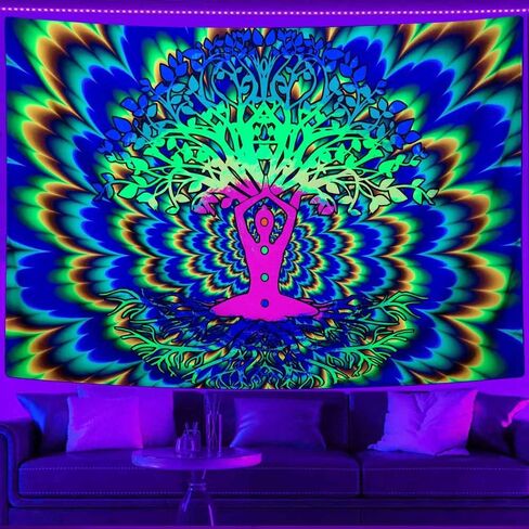 JAWO Blacklight Trippy Tree Tapestry، نسيج سريالي جمالي تفاعلي للأشعة فوق البنفسجية، يتوهج مخدر جمالي في الظلام خلفية الحفلة المفروشات ملصق ديكور الحائط 60 × 40 بوصة in Saudi Arabia