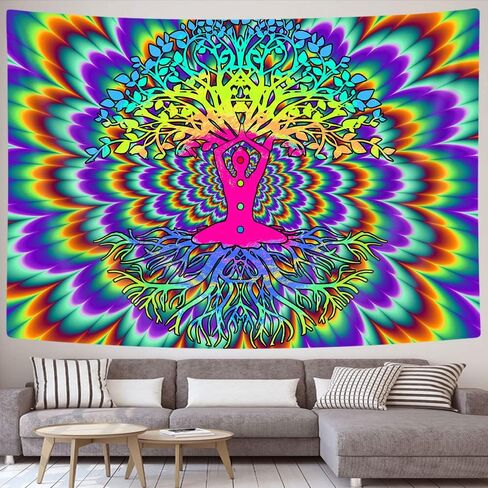 JAWO Blacklight Trippy Tree Tapestry، نسيج سريالي جمالي تفاعلي للأشعة فوق البنفسجية، يتوهج مخدر جمالي في الظلام خلفية الحفلة المفروشات ملصق ديكور الحائط 60 × 40 بوصة in Saudi Arabia