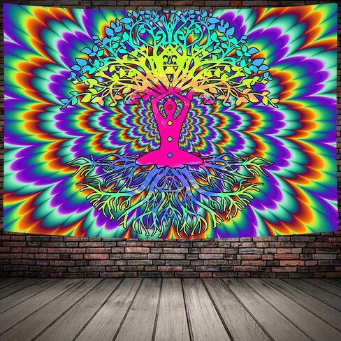 JAWO Blacklight Trippy Tree Tapestry، نسيج سريالي جمالي تفاعلي للأشعة فوق البنفسجية، يتوهج مخدر جمالي في الظلام خلفية الحفلة المفروشات ملصق ديكور الحائط 60 × 40 بوصة in Saudi Arabia