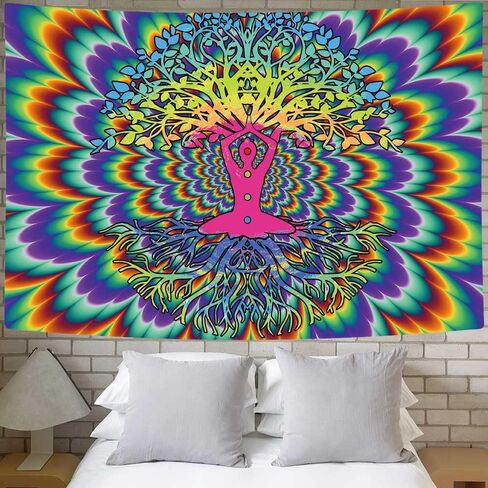 JAWO Blacklight Trippy Tree Tapestry، نسيج سريالي جمالي تفاعلي للأشعة فوق البنفسجية، يتوهج مخدر جمالي في الظلام خلفية الحفلة المفروشات ملصق ديكور الحائط 60 × 40 بوصة in Saudi Arabia