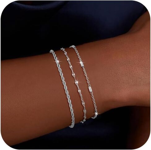 3 قطع من الأساور الأولية من الذهب الأبيض للنساء، سوار ذهبي أنيق عيار 14 قيراط، مع حرف ربط، سحر A-Z، سوار مضاد للتلطيخ، هدايا للنساء in Kuwait