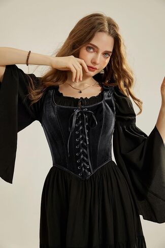 Scarlet Darkness Renaissance Corset Tops for Women Vintage Lace Up Overbust Velvet Bustier Bodice in Kuwait