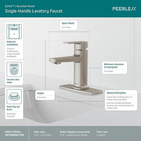 Peerless Ezra Single Hole Bathroom Faucet, Brushed Nickel Bathroom Sink Faucet, Single Handle Bathroom Faucet, Bath Faucet, Push Pop-Up Drain Assembly, Brushed Nickel P1571LF-BN in Saudi Arabia