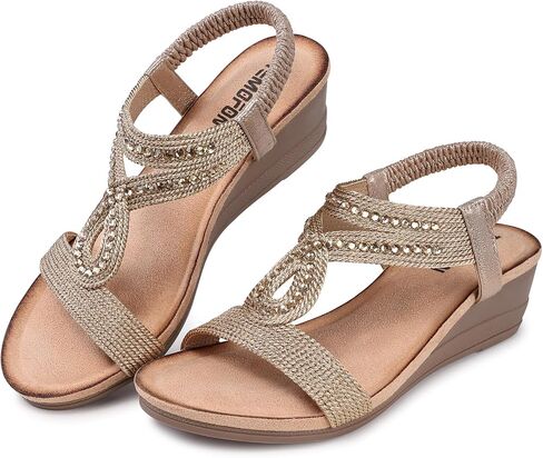 TEMOFON Wedge Sandals for Women Dressy: Low Wedge Sandals Women Comfortable Dressy Walking - Summer Casual Elastic Strappy Open Toe Rhinestone Shoes in Saudi Arabia