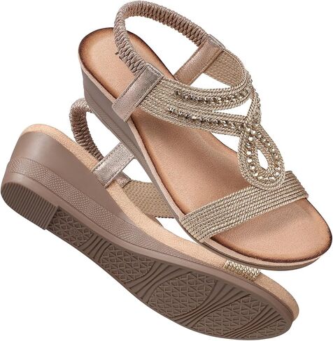 TEMOFON Wedge Sandals for Women Dressy: Low Wedge Sandals Women Comfortable Dressy Walking - Summer Casual Elastic Strappy Open Toe Rhinestone Shoes in Saudi Arabia