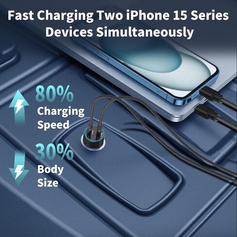 [معتمد من Apple MFi] شاحن سيارة سريع iPhone 15، Linocell 75W USB-C PD/QC شاحن USB ولاعة السجائر في السيارة + كابل ملفوف من النوع C بطول 6 أقدام لهاتف iPhone 15 15 Pro iPad Pro، Galaxy S24 S23، Pixel، Android in Kuwait