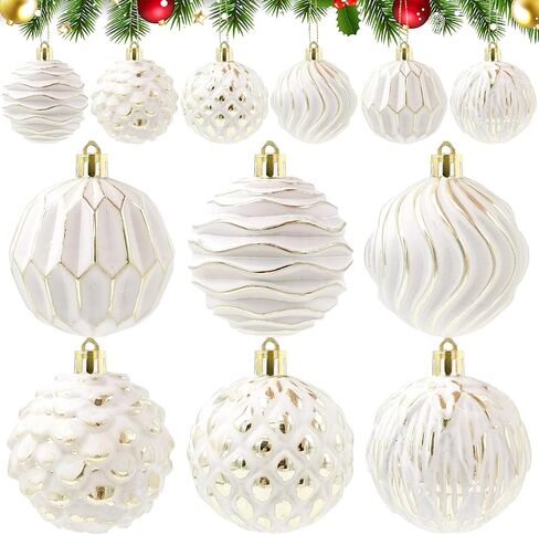 12 Pieces Farmhouse Ball Ornaments Christmas Tree Distressed Hanging Balls Vintage Christmas Balls Retro Christmas Tree Pendants for Xmas Tree Decorations (White and Gold Color) in Saudi Arabia