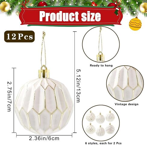 12 Pieces Farmhouse Ball Ornaments Christmas Tree Distressed Hanging Balls Vintage Christmas Balls Retro Christmas Tree Pendants for Xmas Tree Decorations (White and Gold Color) in Saudi Arabia