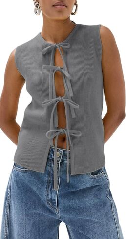 Women Y2K Crochet Vest Top Tie Front Knit Sleeveless Tank Top V Neck Button Down Crop Top Streetwear(H-Knittd Tank Vest Top Yellow,L) in Saudi Arabia