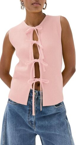 Women Y2K Crochet Vest Top Tie Front Knit Sleeveless Tank Top V Neck Button Down Crop Top Streetwear(H-Knittd Tank Vest Top Yellow,L) in Saudi Arabia