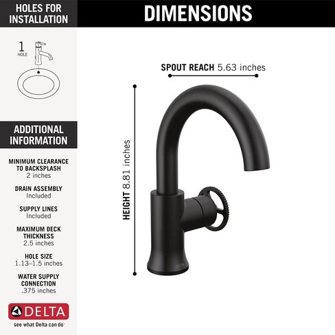 Delta Faucet Trinsic Matte Black Bathroom Faucet, Single Hole Bathroom Faucet, Single Handle Bathroom Sink Faucet Black, Diamond Seal Technology, Drain Assembly, Matte Black 558HAR-BL-DST in Saudi Arabia