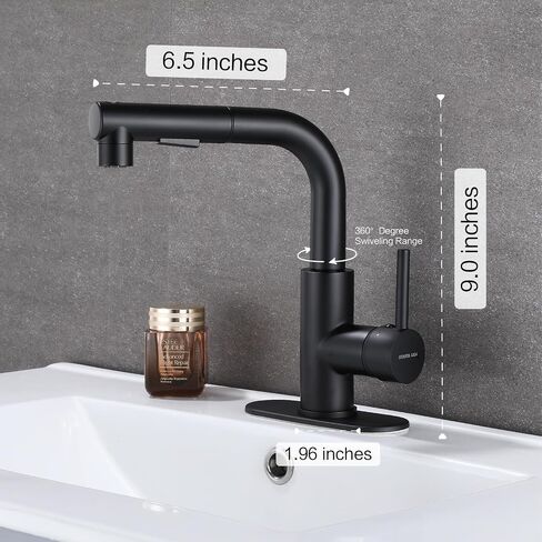 HUAHUALALA Matte Black Bathroom Sink Faucet with Pull Out Sprayer for Sink 1 Hole,Brass Single Handle for Hot and Cold Water Vanity multifunctional Faucet,Three Water Flow Modes with Rotating Spout in Saudi Arabia