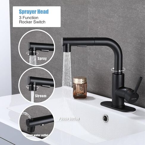 HUAHUALALA Matte Black Bathroom Sink Faucet with Pull Out Sprayer for Sink 1 Hole,Brass Single Handle for Hot and Cold Water Vanity multifunctional Faucet,Three Water Flow Modes with Rotating Spout in Saudi Arabia