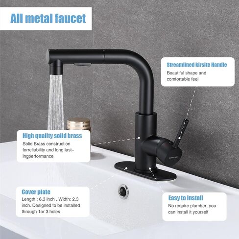 HUAHUALALA Matte Black Bathroom Sink Faucet with Pull Out Sprayer for Sink 1 Hole,Brass Single Handle for Hot and Cold Water Vanity multifunctional Faucet,Three Water Flow Modes with Rotating Spout in Saudi Arabia
