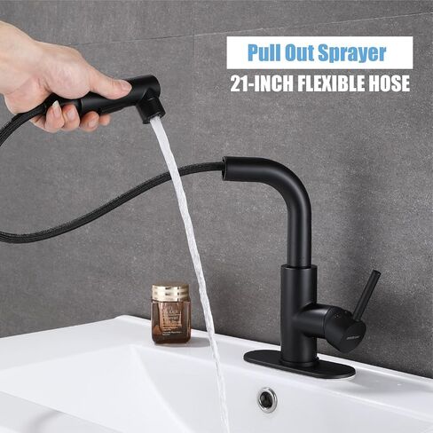 HUAHUALALA Matte Black Bathroom Sink Faucet with Pull Out Sprayer for Sink 1 Hole,Brass Single Handle for Hot and Cold Water Vanity multifunctional Faucet,Three Water Flow Modes with Rotating Spout in Saudi Arabia