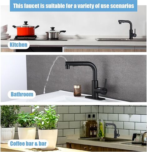 HUAHUALALA Matte Black Bathroom Sink Faucet with Pull Out Sprayer for Sink 1 Hole,Brass Single Handle for Hot and Cold Water Vanity multifunctional Faucet,Three Water Flow Modes with Rotating Spout in Saudi Arabia