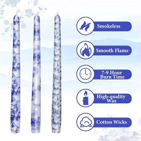 Nuanchu 6 Pcs Chinoiserie Taper Candles 10 Inch Blue and White Decorative Taper Candles Candlesticks Christmas Advent Candles for Home Bedroom Xmas Wedding Party in Saudi Arabia
