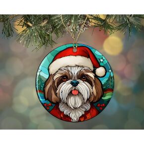 Shih Tzu Christmas Stained Glass Ceramic Ornament, Christmas Tree Hanging Ornament, Dog Stained Glass Ornament, Ornament Religious Gift for Christians Printed on Both Sides