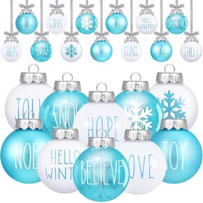 Jetec 12 Pcs Winter Ball Ornaments for Tree Teal Blue White Ornaments Frozen Party Decoration Winter Snowflake Hanging Decorations Plastic Xmas Hanging Ornaments for Xmas Home Decoration