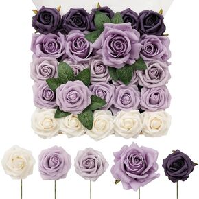 TINGE TIME Dark Purple Rose Flowers, 25pcs Artificial Flower for Decoration Fake Gardenia with Stem for DIY Wedding Bouquets, Centerpieces, Bridal Shower, Party, Flower Arrangements Decorations
