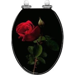 Elongated Toilet Seat Vintage Floral Red rose a black Resin Toilet Seat with Quietly Close Quick Release Hinges Decorative Toilet Seat with Cover Easy to Clean and Install Boho Floral Decor