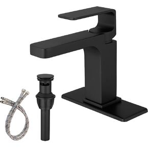 BWE Single Hole Black Bathroom Faucet Modern Solid Brass Single Handle Bathroom Sink Faucet with Pop Up Drain Stopper and Water Supply Hoses 1 or 3 Holes Commercial Lavatory Basin Mixer Tap