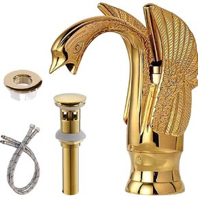 Bathroom Sink Faucet Gold Swan Faucet Single Hole Single Handle Basin Mixer Tap Matching Pop Up Drain with Overflow and Overflow Cover Supply Line Lead-Free