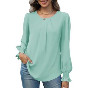 Funlingo Womens Tops Dressy Casual Smocked Long Sleeve Shirts Crew Neck Loose Chiffon Tunics Office Work Blouses