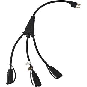 EP Outdoor Extension Cord 1 to 3 Splitter, Max 6ft End to End (12FT Total), 3 Prong Outlets Plugs, 16/3 SJTW Weatherproof Wire for Christmas Landscape String Lights, Black