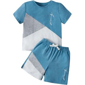 SweatyRocks Boy's 2 Piece Outfits Color Block Letter Print Round Neck Tee Top and Drawstring Waist Shorts Set