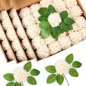 Lyrow 100 Pcs Artificial Wedding Dahlia Flowers Real Looking Foam Flowers with Stems Bulk Floral Arrangements Centerpiece for DIY Bridal Shower Arrangement Bouquet Party Tables Home (White)