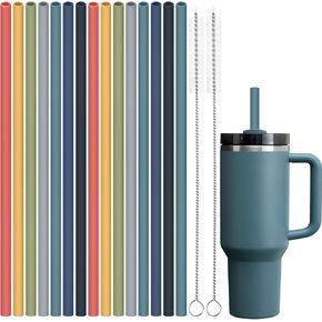 Tomorotec 12.2" Reusable Silicone Drinking Straws 15-Pack with Cleaning Brushes for Stanley Tumblers 40oz 30oz 20oz, Noise-Free BPA-Free Food Grade Silicone Adjustable for Various Cups (Pink Series)