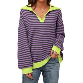 Lotusmile Sweatshirt for Women Color Block Striped Shirt Long Sleeve Lapel V Neck Lightweight Pullover Top
