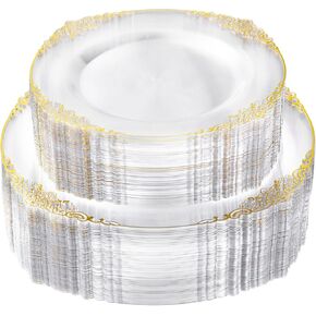 100 PCS White and Gold Plastic Plates for 50 Guests, Gold Disposable Plates Include 50 PCS Dinner Plates, 50 PCS Dessert Plates for Party and Wedding